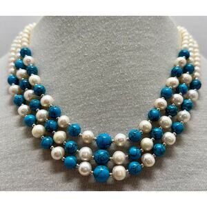 Danbury Mint Triple Strand Freshwater Pearl And Blue Howlite Bead 925 Necklace